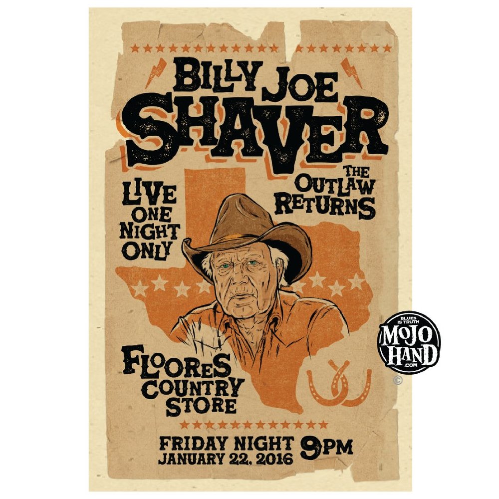 Billy Joe Shaver concert poster - 2016- 12"x18" signed by the poster designer